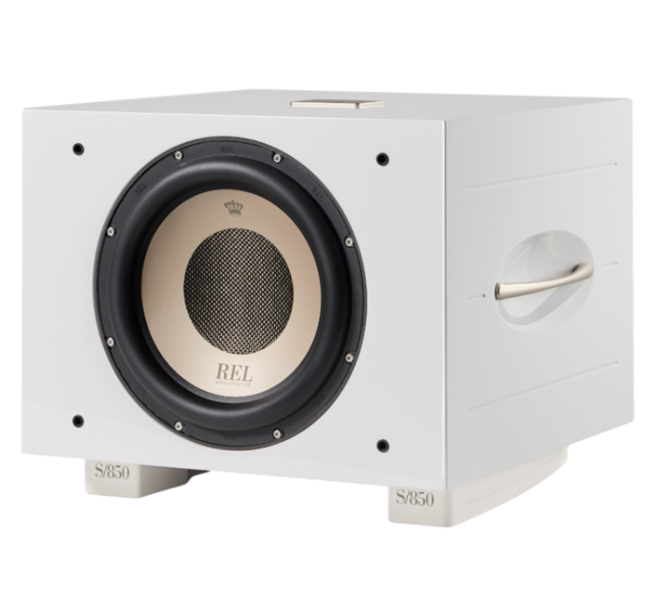 REL S-850 Subwoofer Weiss Hochglanz Schrägansicht