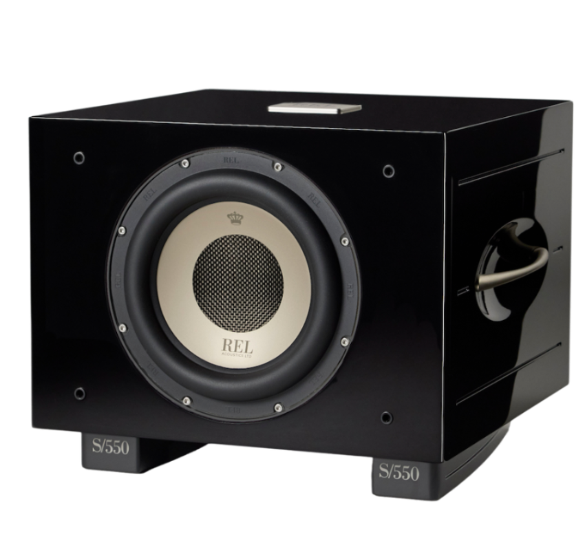 REL S-550 Subwoofer Schwarz Hochglanz Schrägansicht