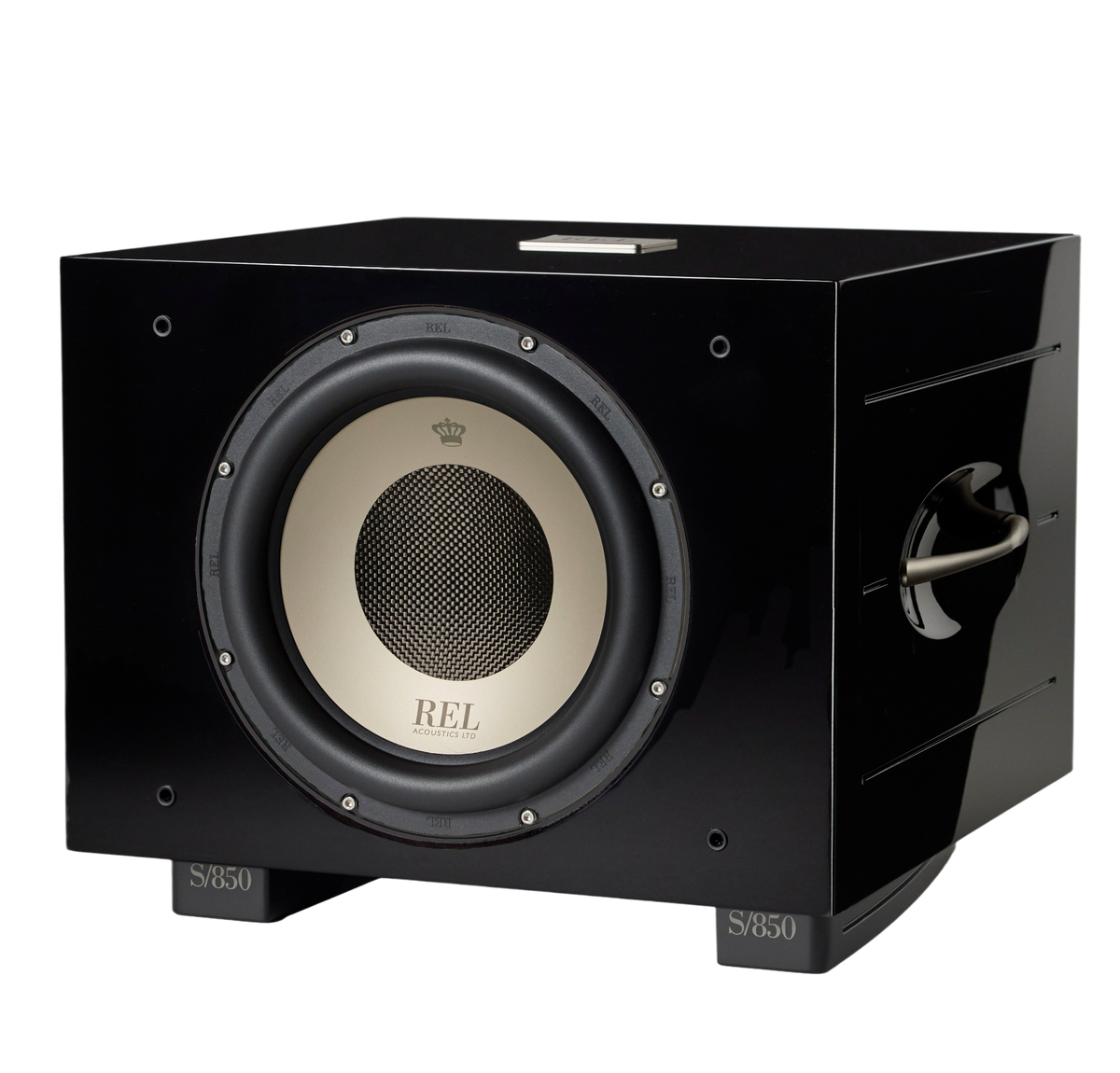 REL S-850 Subwoofer Schwarz Hochglanz Schrägansicht