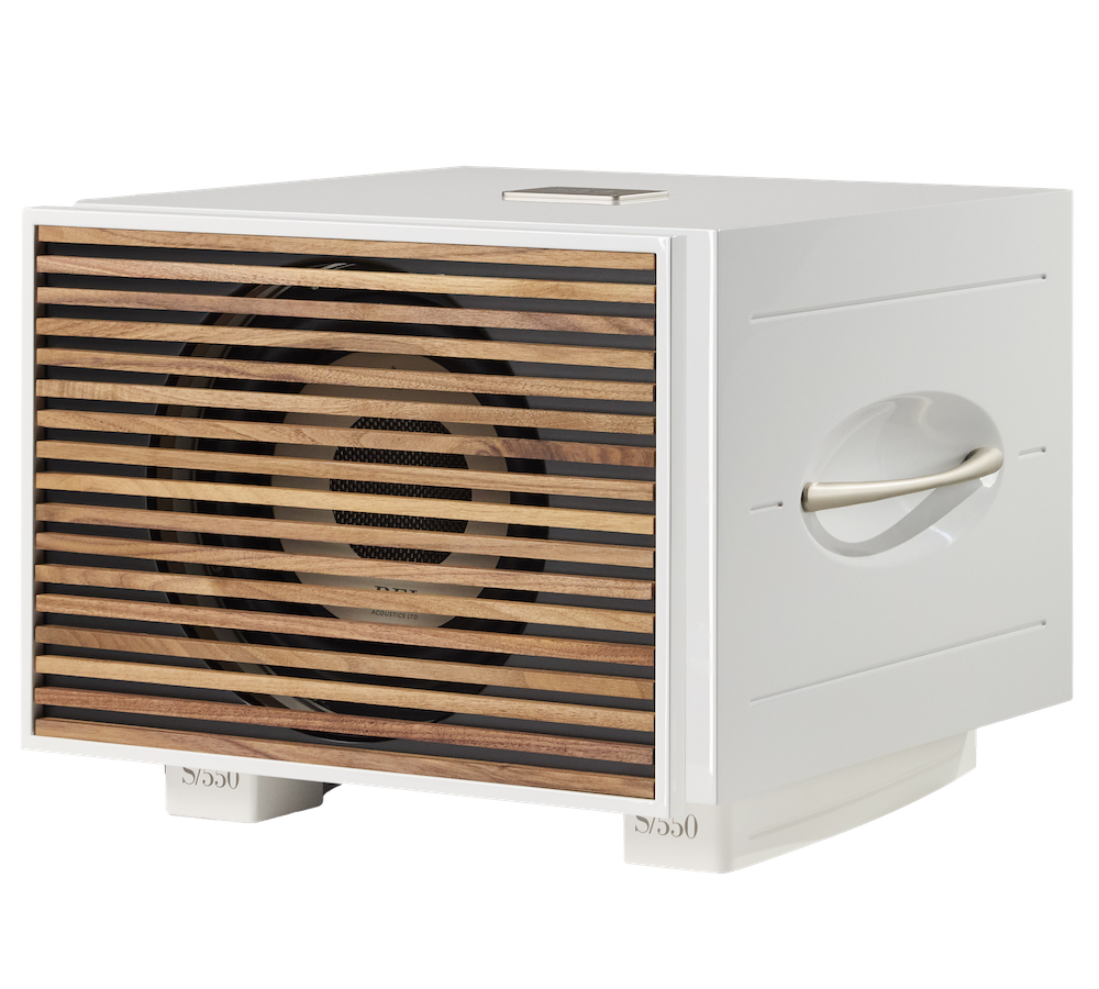 REL S-550 Subwoofer Weiss Hochglanz Schrägansicht
