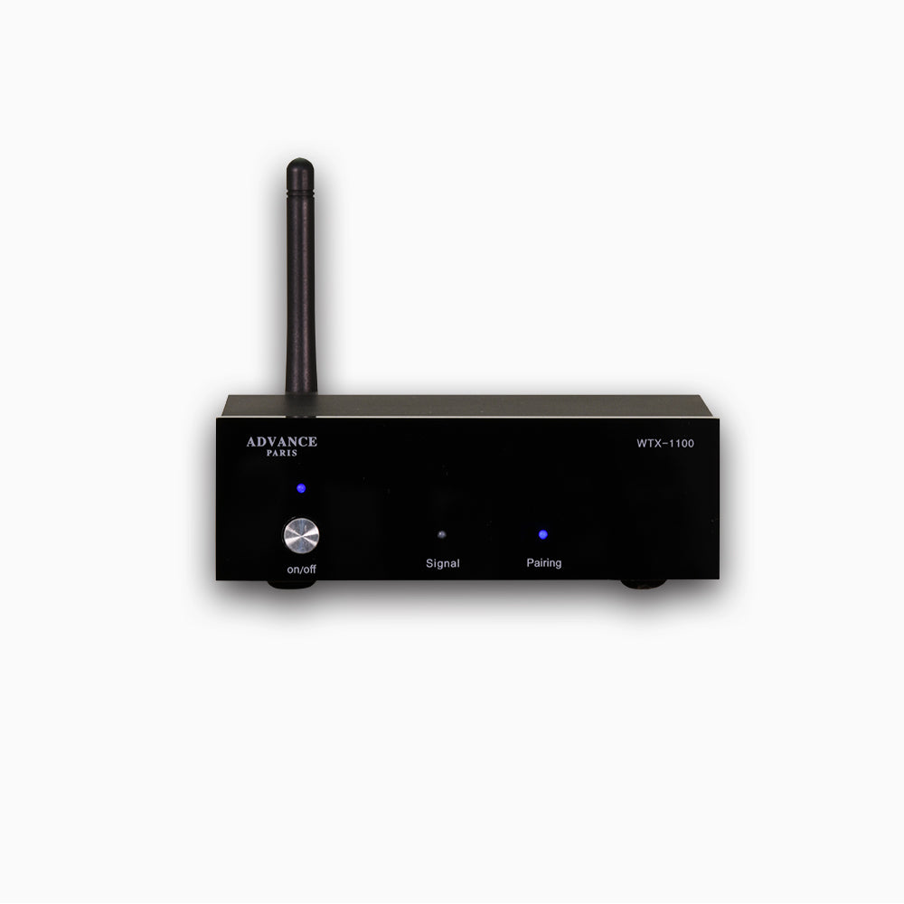 Advance Paris WTX1100 Bluetooth-Empfänger aptX HD Frontansicht mit Antenne und Pairing-Taste