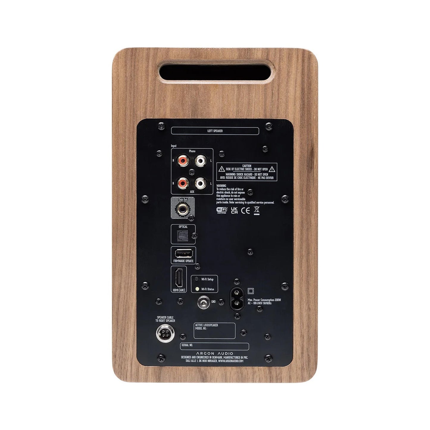 Argon Audio Forte A5 WiFi Regallautsprecher Walnuss Anschlussfeld mit HDMI ARC Optical Cinch und Phono