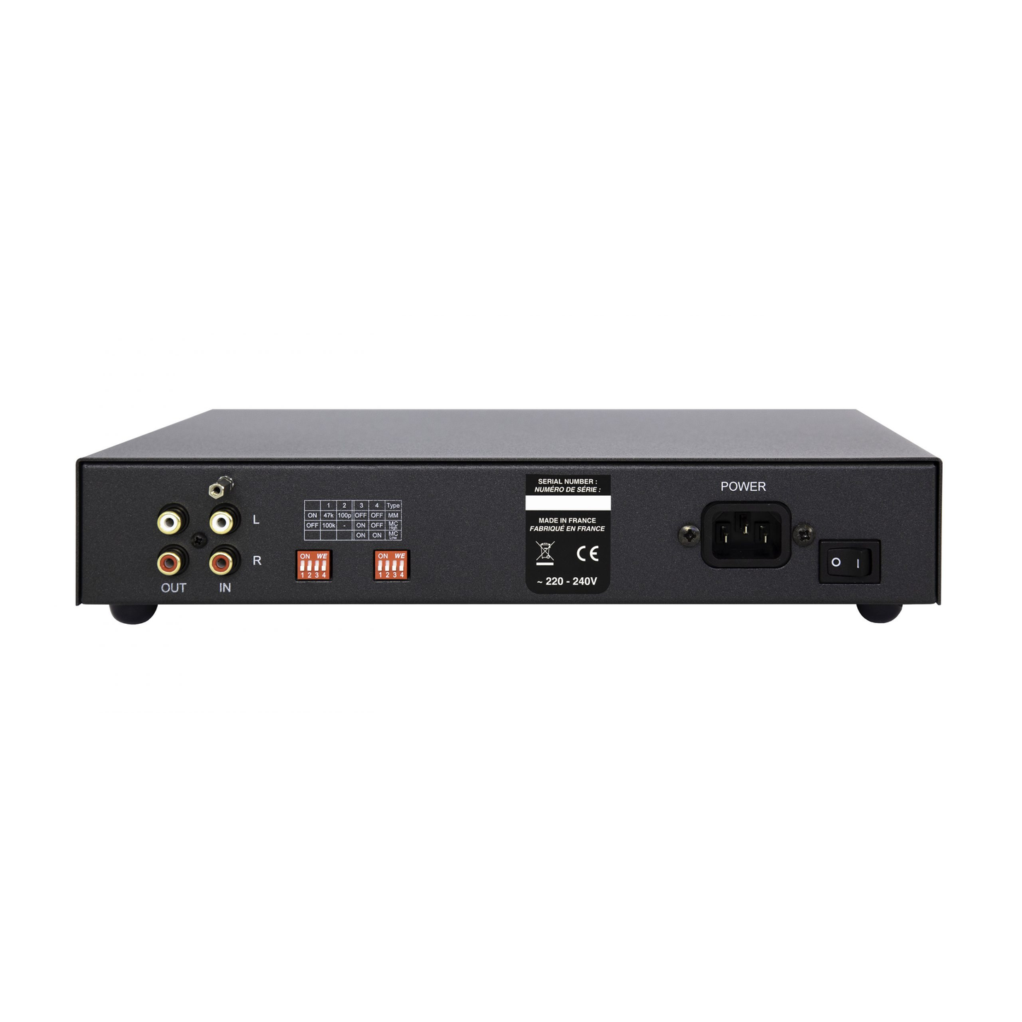 Atoll PH100 Phono-Vorverstärker Rückansicht, Anschlussfeld mit Phono-Eingang, Line-Ausgang und Schaltern