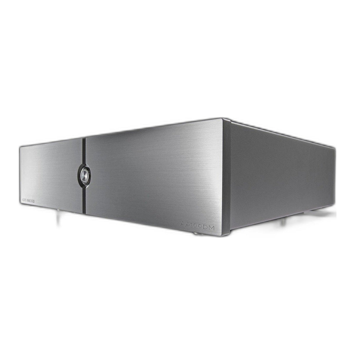 Audio Analogue Pure AA100DM Stereo-Endverstärker Silber, Schrägansicht flache Perspektive mit Lüftungsschlitzen und Bedienknopf
