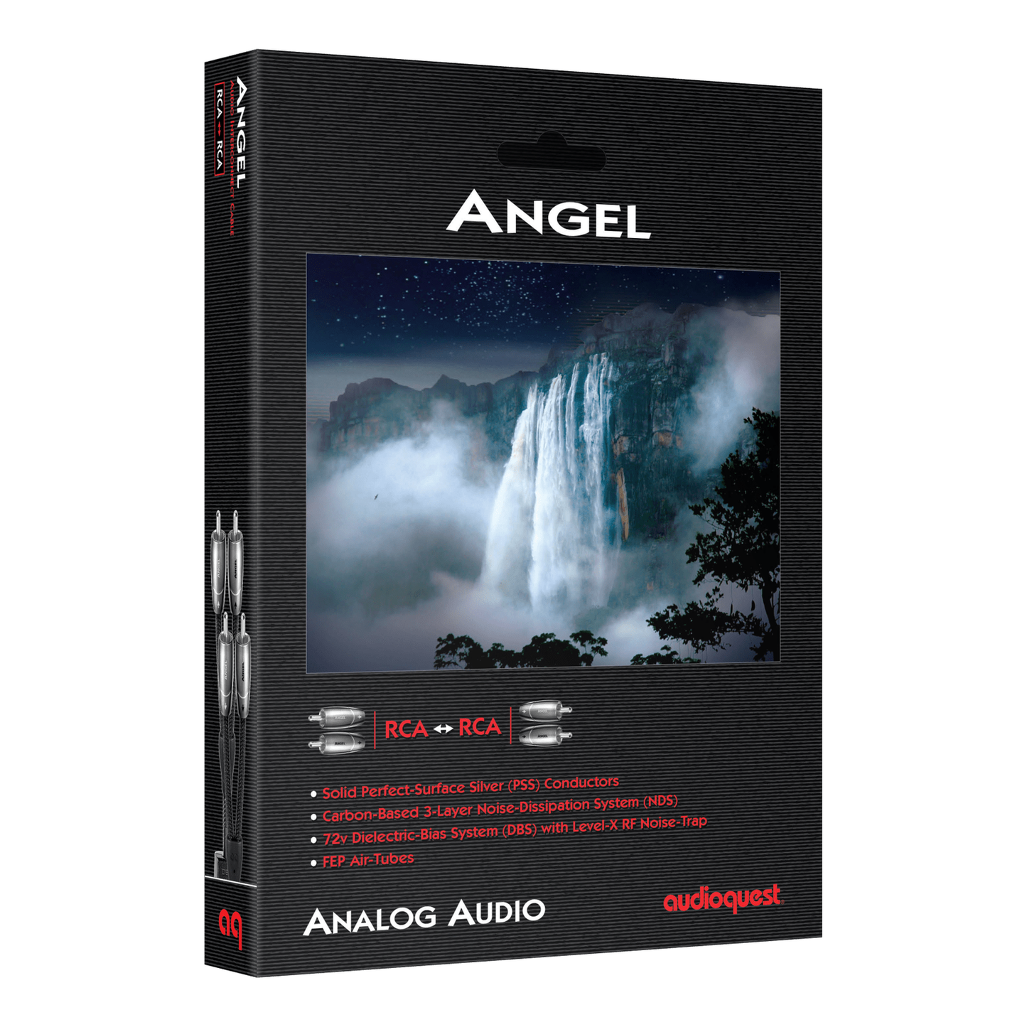 AudioQuest Angel NF-Kabel Verpackung – Originalkarton des Cinch/RCA-Analogkabels mit Wasserfall-Motiv
