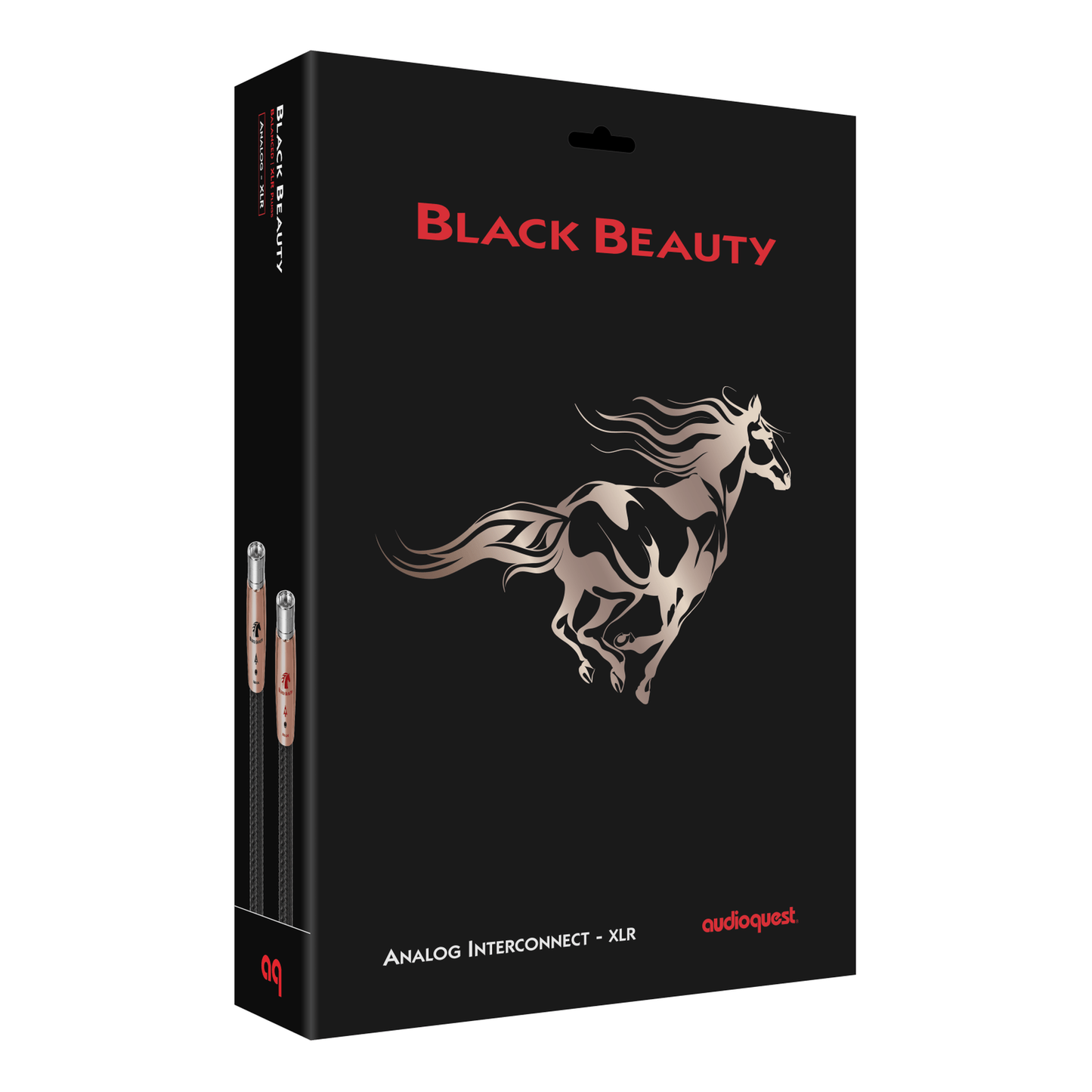 AudioQuest Black Beauty XLR-Kabel Verpackung, schwarze Schachtel mit Pferdemotiv und XLR-Kennzeichnung