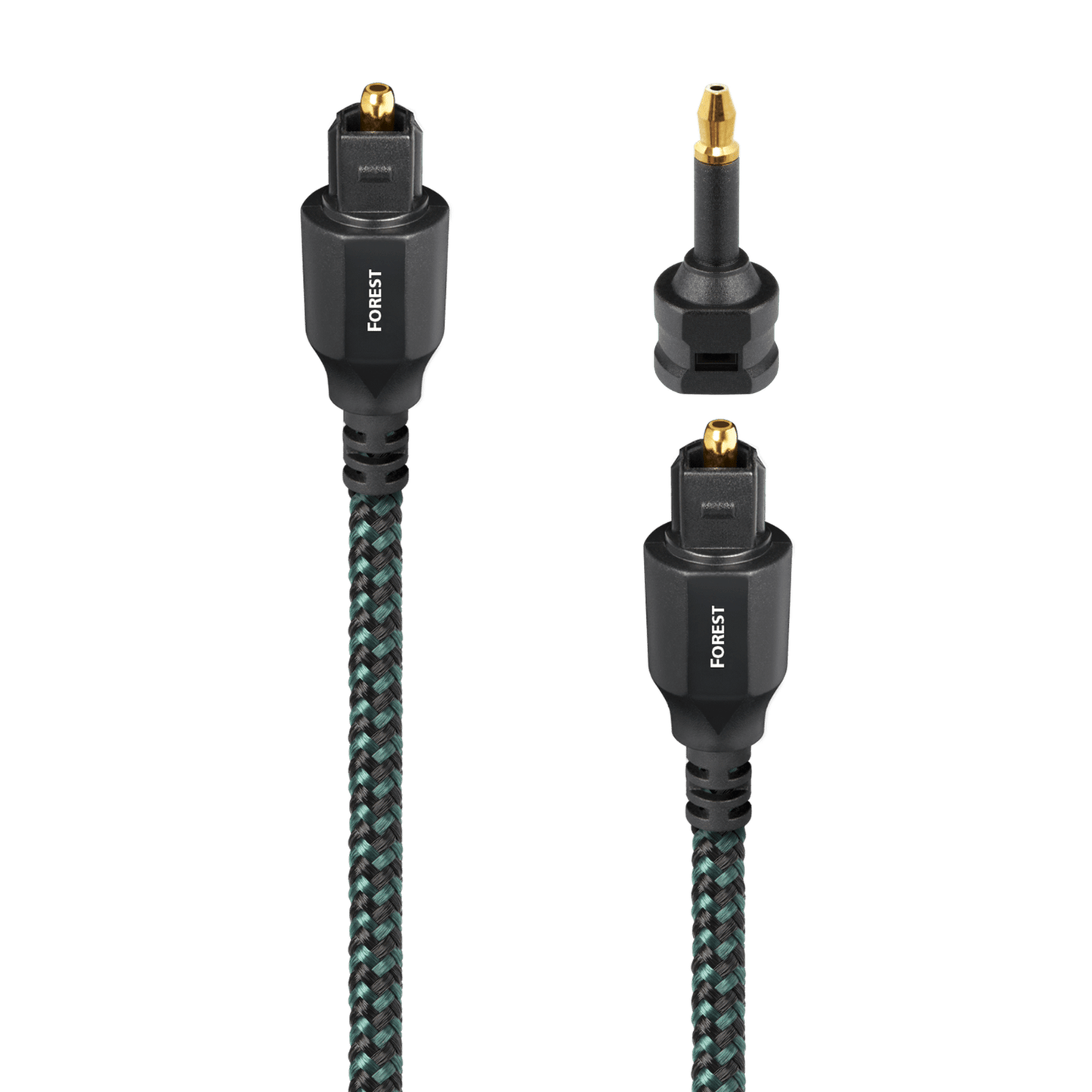 AudioQuest Forest Optisches Kabel Detailansicht: Toslink-Stecker in Geflechtausführung, Mini-Adapter