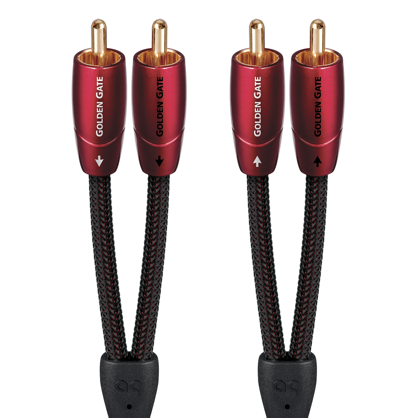 AudioQuest Golden Gate NF-Kabel Produktansicht – Cinch/RCA-Stereopaar mit dunkelroten Steckern, vergoldete Kontakte