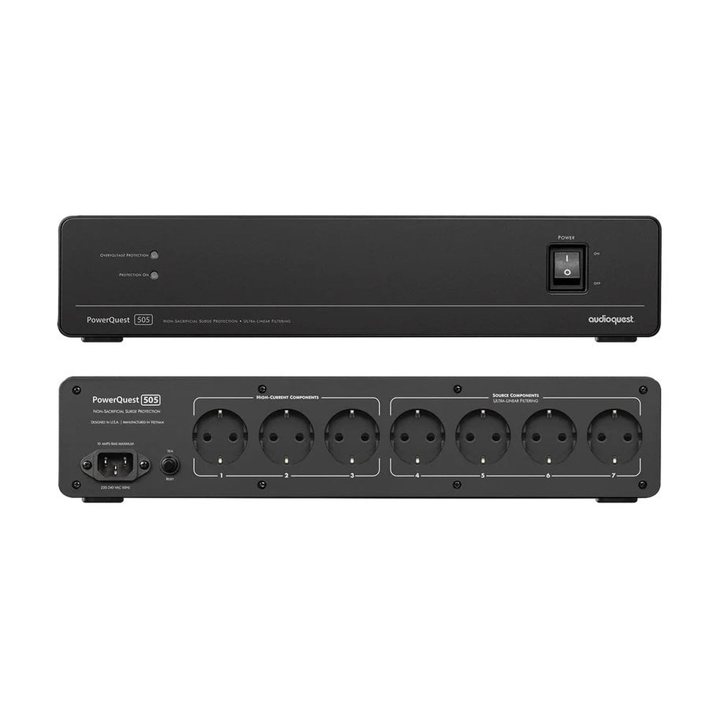 AudioQuest PowerQuest 505 Power Conditioner Produktansicht mit Bedienfront und Rückseite mit sieben Schuko-Ausgängen