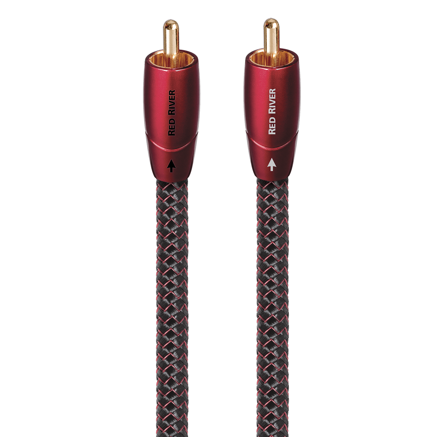 AudioQuest Red River NF-Kabel Produktansicht – Cinch/RCA-Stereopaar mit roten Steckern und rot-schwarzem Geflecht