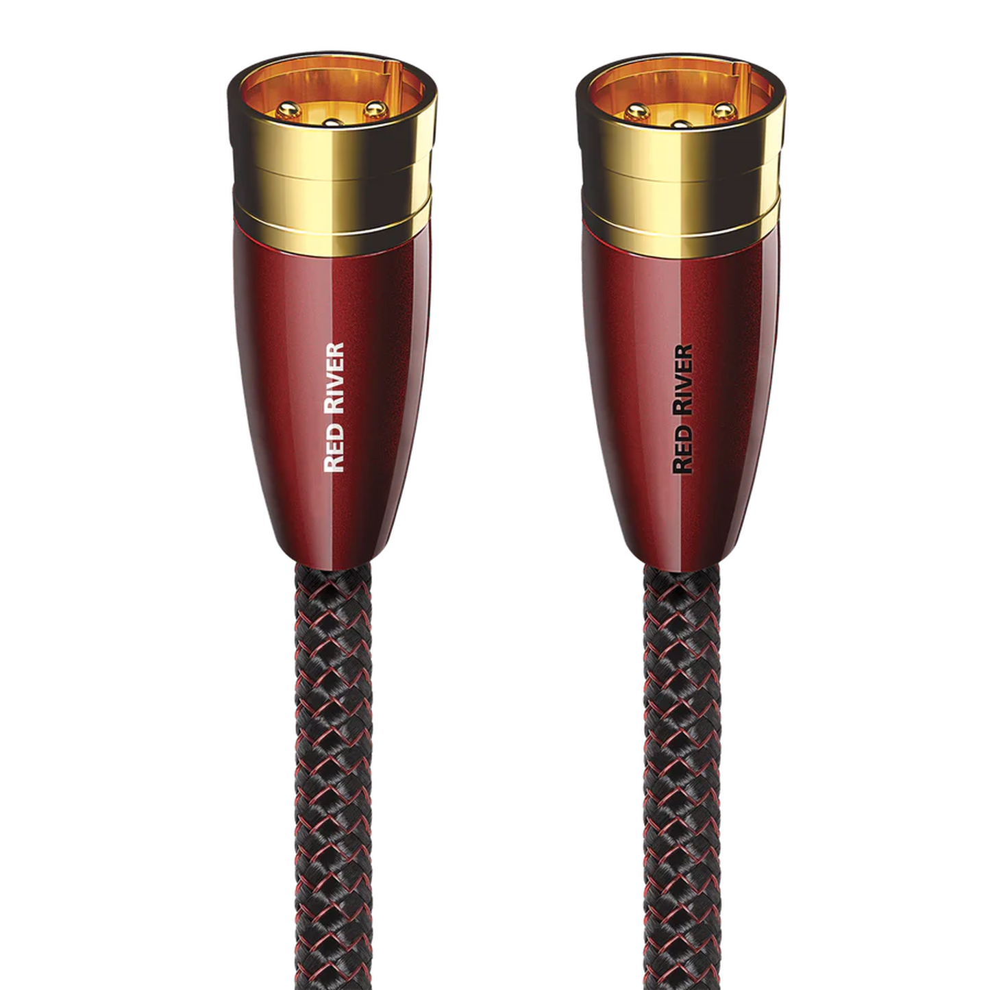 AudioQuest Red River XLR-Kabel Produktansicht – symmetrisches Stereopaar mit roten XLR-Steckern, vergoldete Kontakte