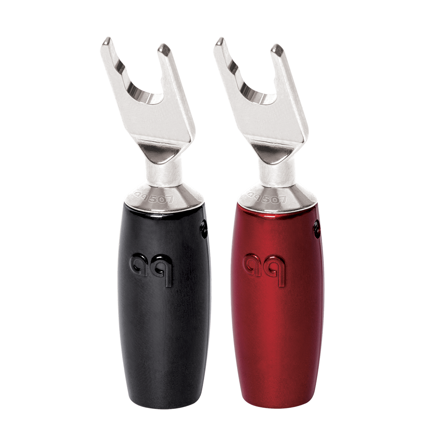 AudioQuest SureGrip 500 Lautsprecher-Stecker Multi-Spade Kabelschuhe Paaransicht in Schwarz und Rot