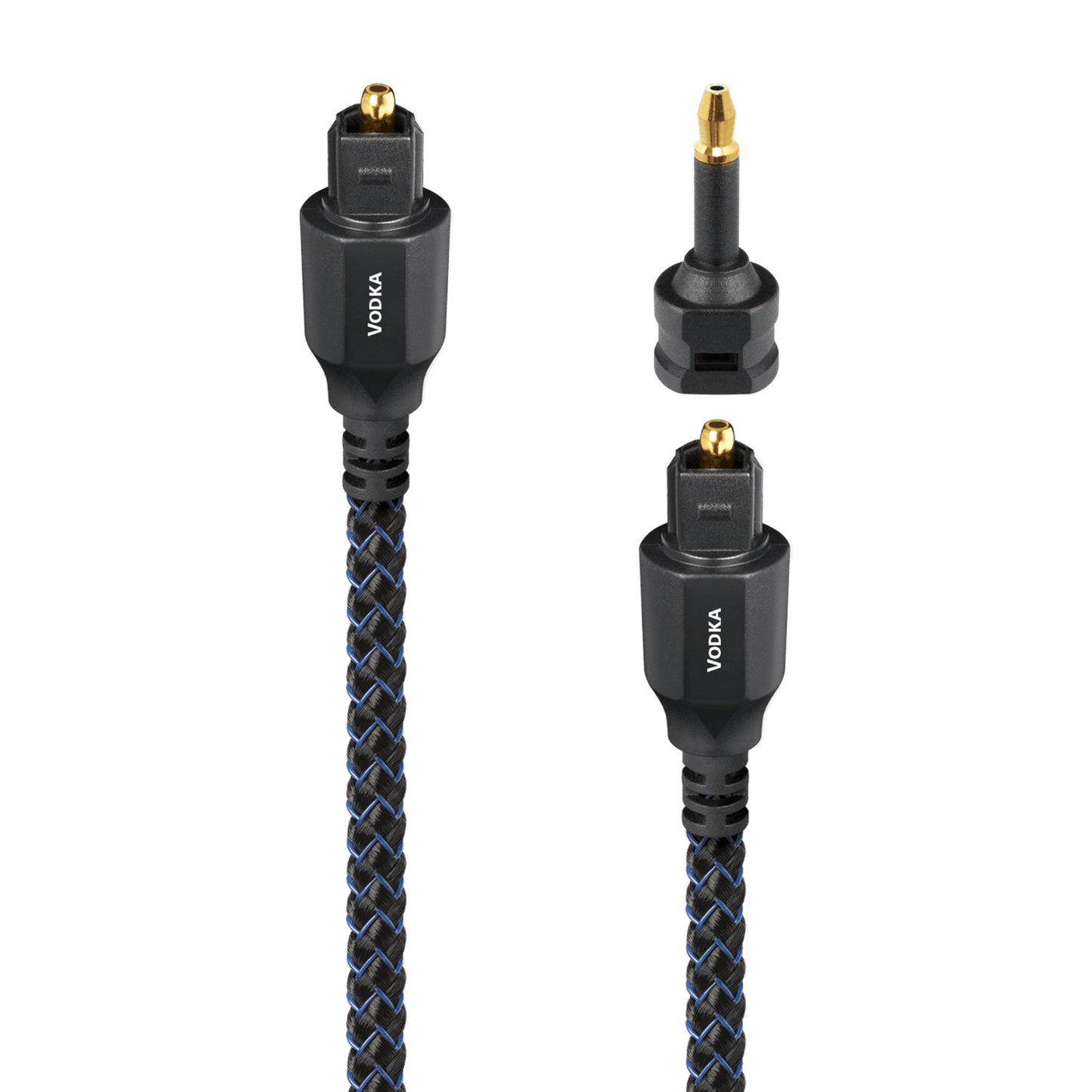 AudioQuest Vodka Optisches Kabel Detailansicht: zwei Toslink-Stecker und 3,5-mm-Mini-Adapter