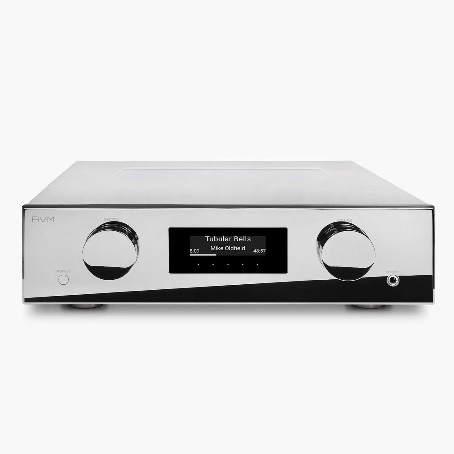 AVM Evolution PAS 5.3 Streaming-Vorverstärker Cellini Chrom Frontansicht mit Glasfenster im Gehäusedeckel