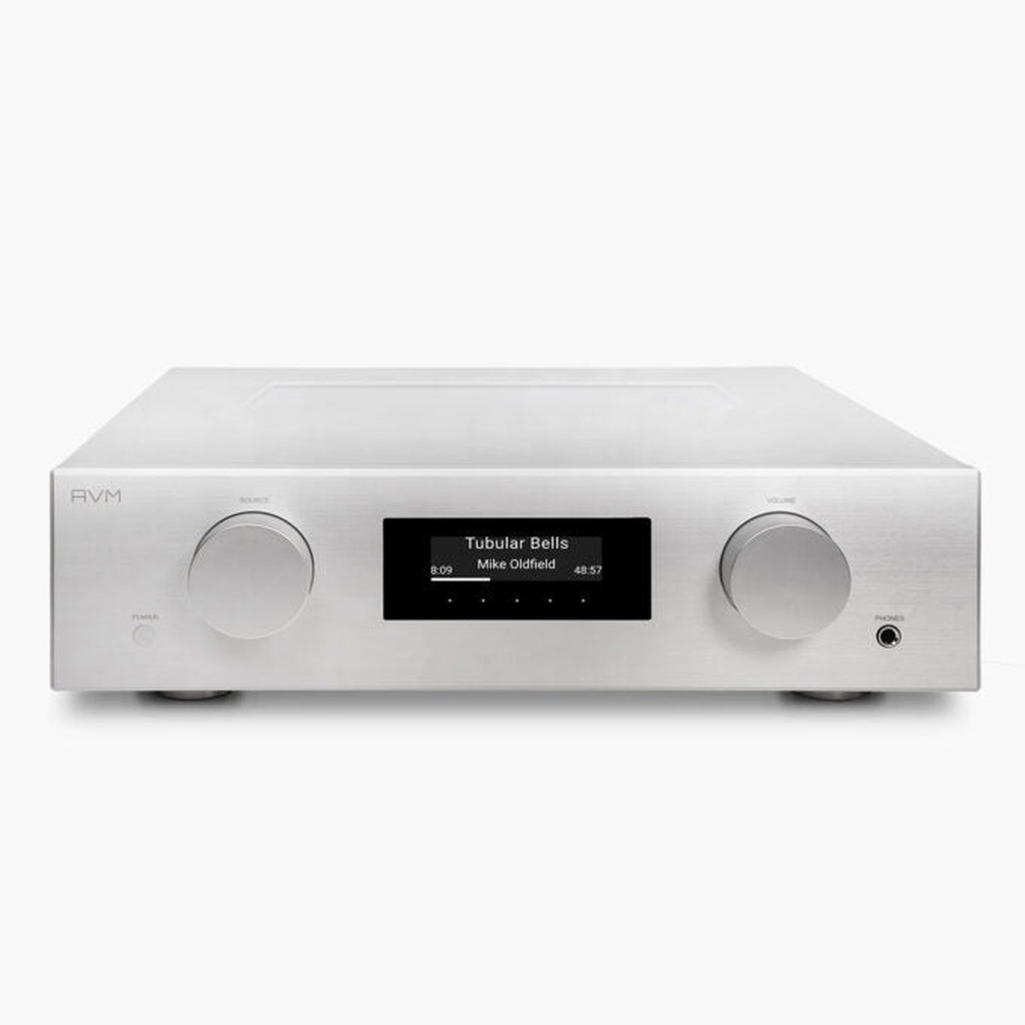 AVM Evolution PAS 5.3 Streaming-Vorverstärker Silber Frontansicht mit Glasfenster im Gehäusedeckel