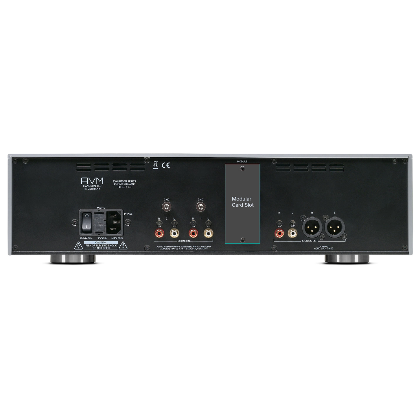 AVM Evolution PH 3.3 Phono-Vorverstärker Cellini Chrom Rückansicht mit Anschlussfeld und Modulschacht