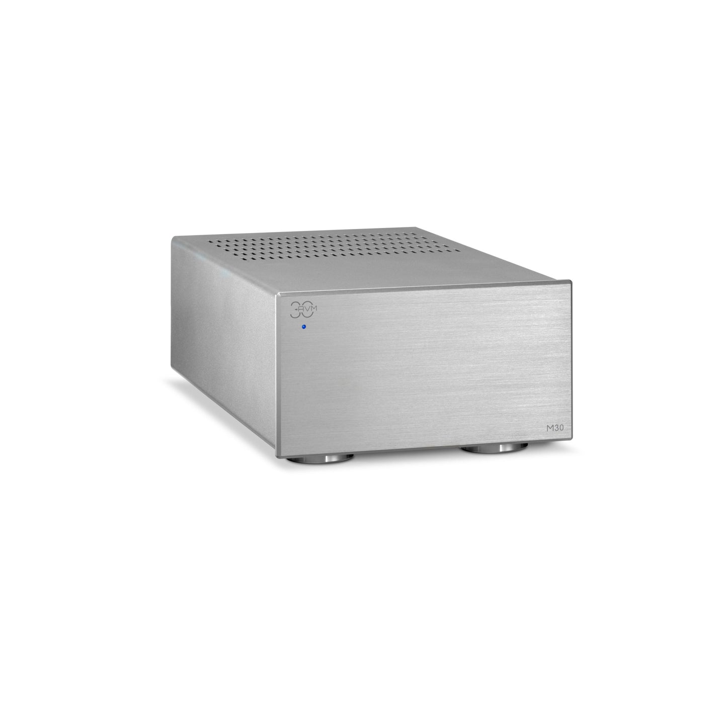 AVM MA 30.3 MK2 Mono-Endstufe Silber Schrägansicht mit Gehäusedeckel und Lüftungsschlitzen