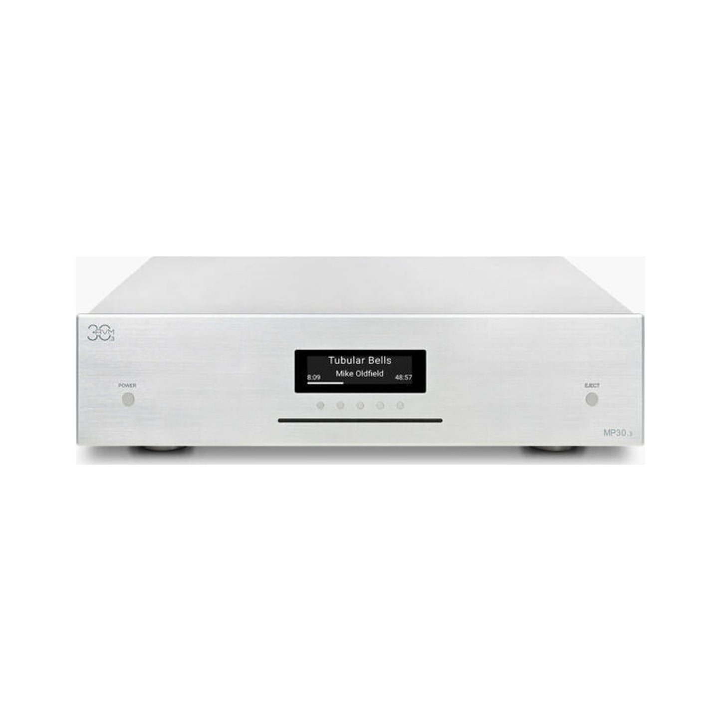 AVM MP 30.3 Streaming-Vorverstärker Silber Frontansicht mit OLED-Display und CD-Schlitz