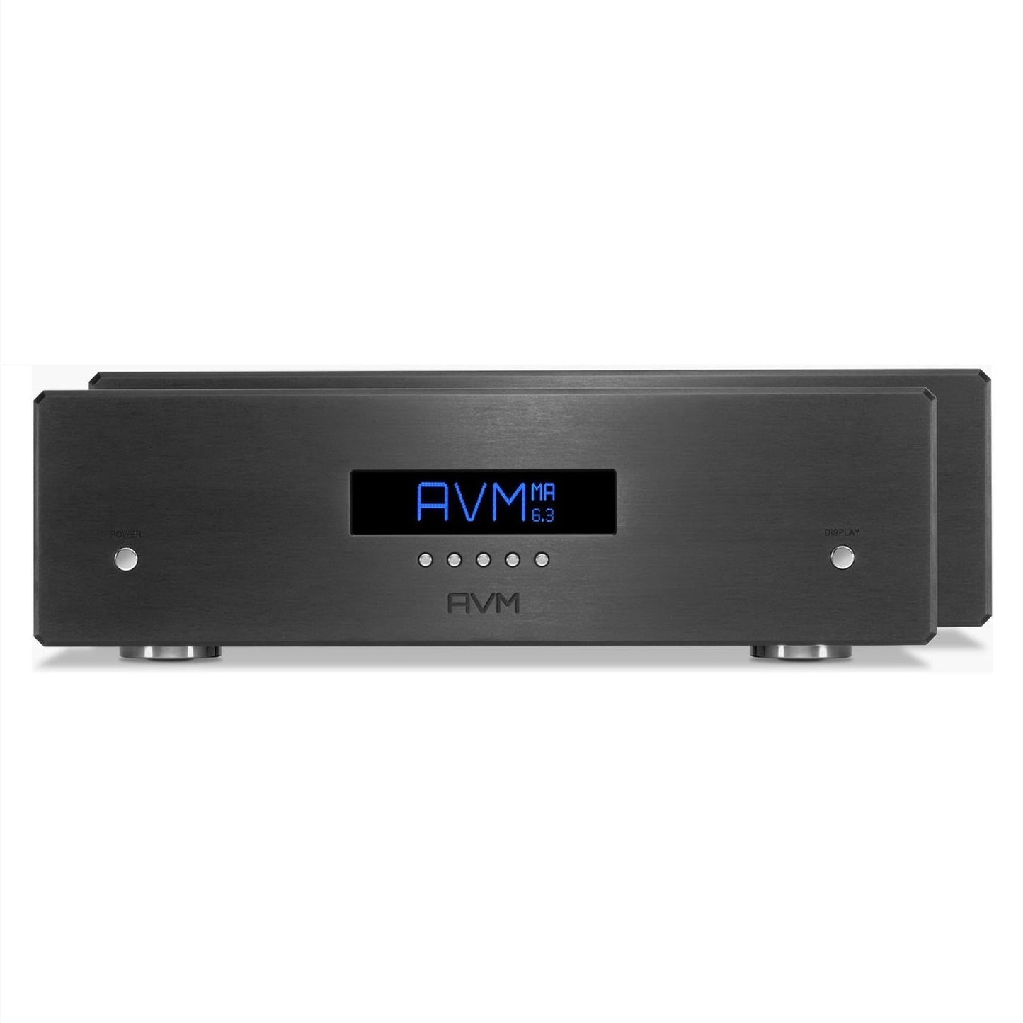 AVM Ovation MA 6.3 Mono-Endstufe Schwarz Paaransicht, zwei Monoblöcke mit blauem Display
