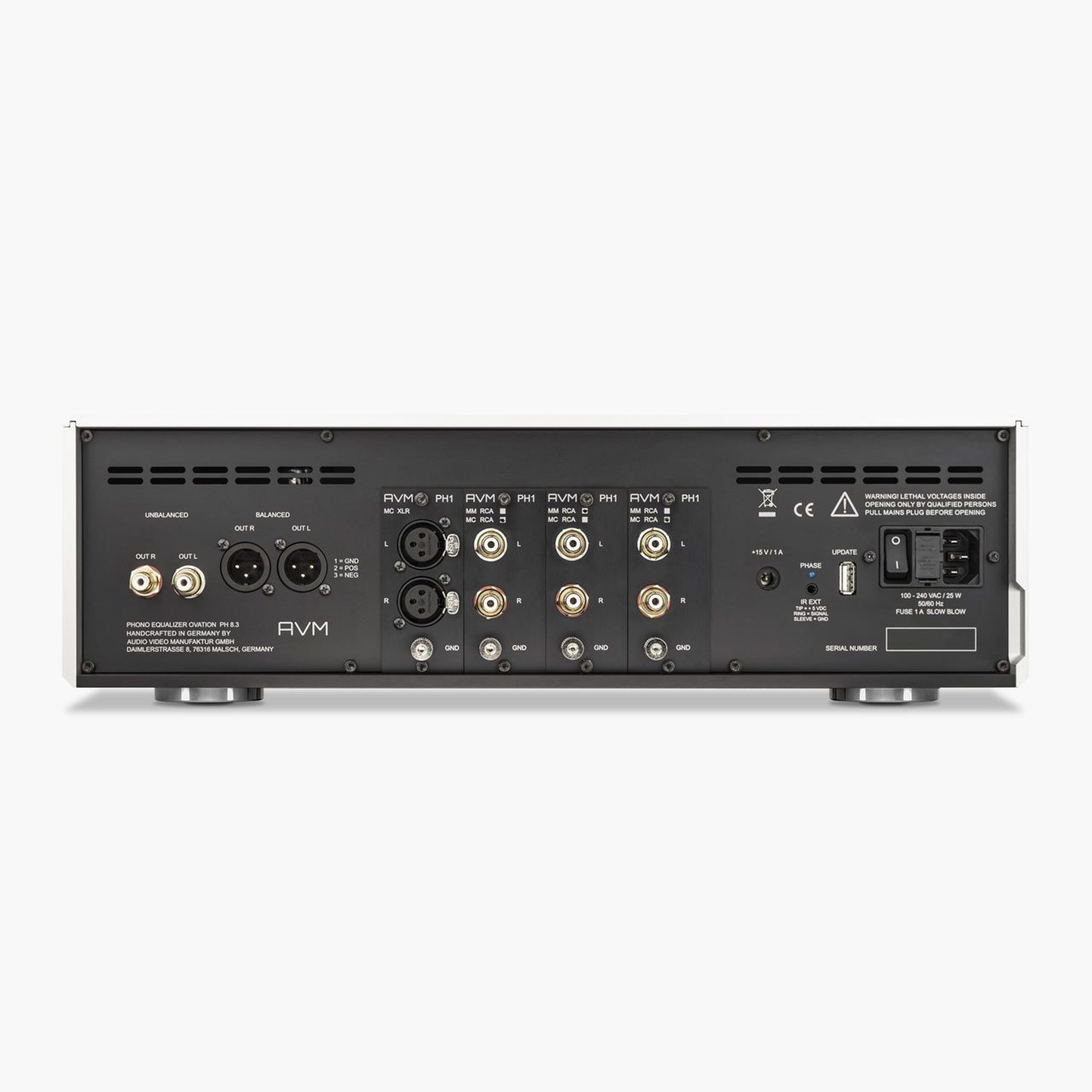 AVM Ovation PH 6.3 Phono-Vorverstärker Silber Rückansicht mit Anschlussfeld und Phono-Modulen