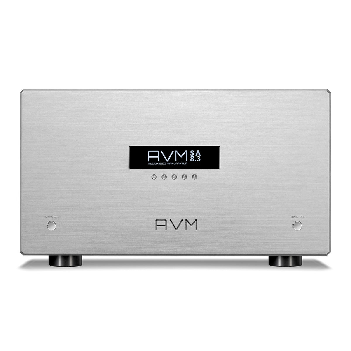 AVM Ovation SA 8.3 LITE Stereo-Endstufe Silber, Frontansicht mit Display und Aluminiumfront