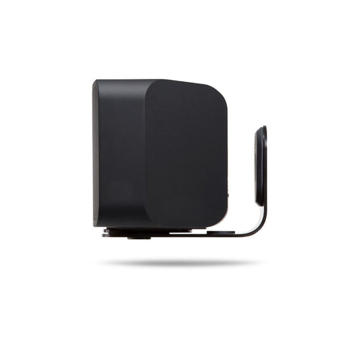 Bluesound WM200 Wandhalterung Schwarz Seitenansicht mit aufgesetztem Pulse-Lautsprecher