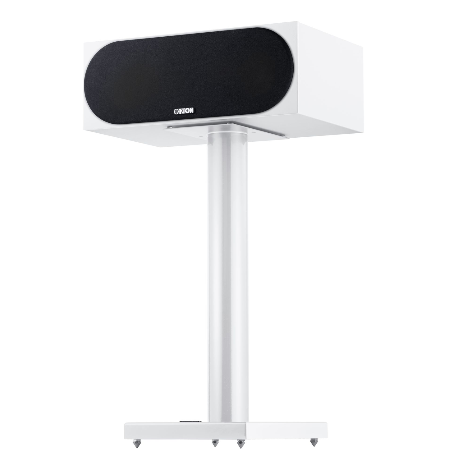 Canton GLE 50 Center S2 Center-Lautsprecher Weiss Setansicht auf Standfuss als Zubehör, mit Frontabdeckung