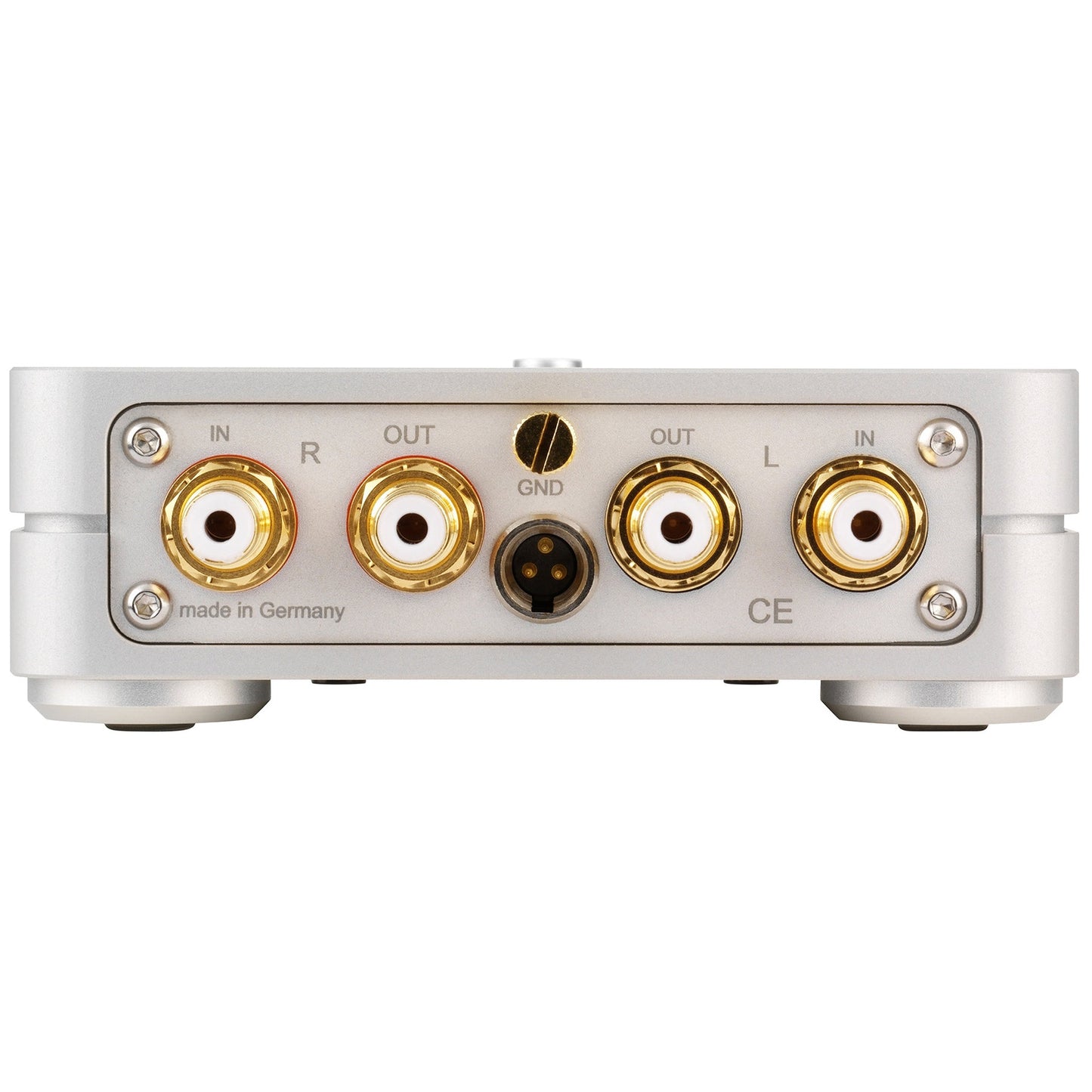 Clearaudio Basic V2 Phono-Vorverstärker Silber Anschlussfeld mit vergoldeten Cinch-Buchsen und Masseanschluss