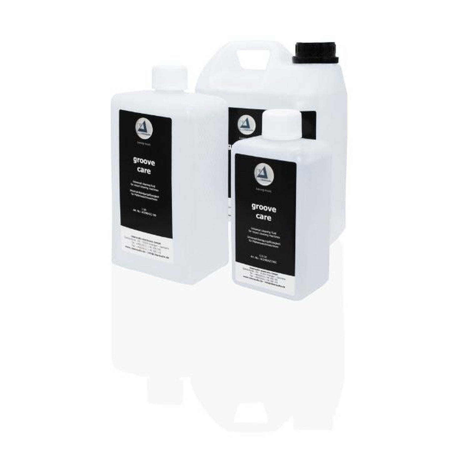 Clearaudio Groove Care Plattenreiniger für Vinyl, Frontansicht der Gebinde in mehreren Grössen