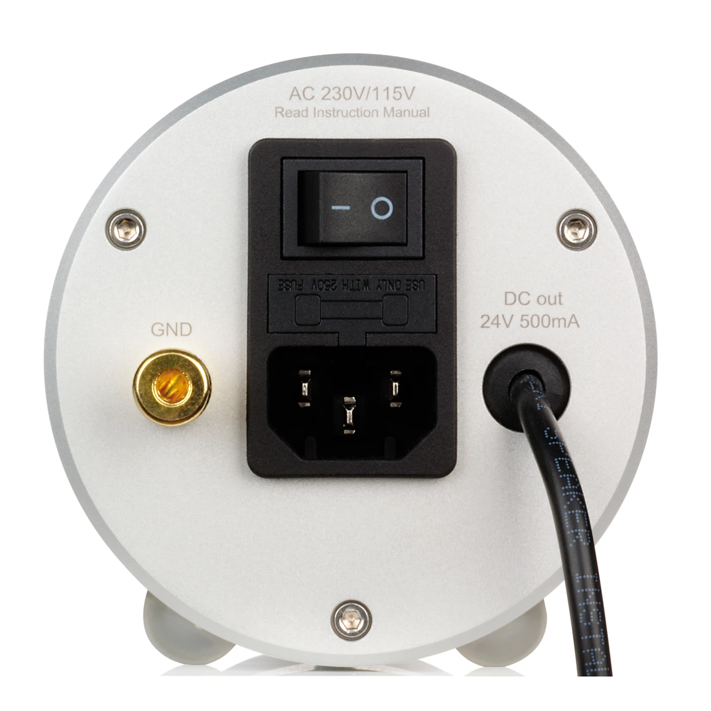 Clearaudio Professional Power 24V Netzteil Anschlussfeld silber, Netzschalter, IEC-Buchse, GND, DC-Ausgang