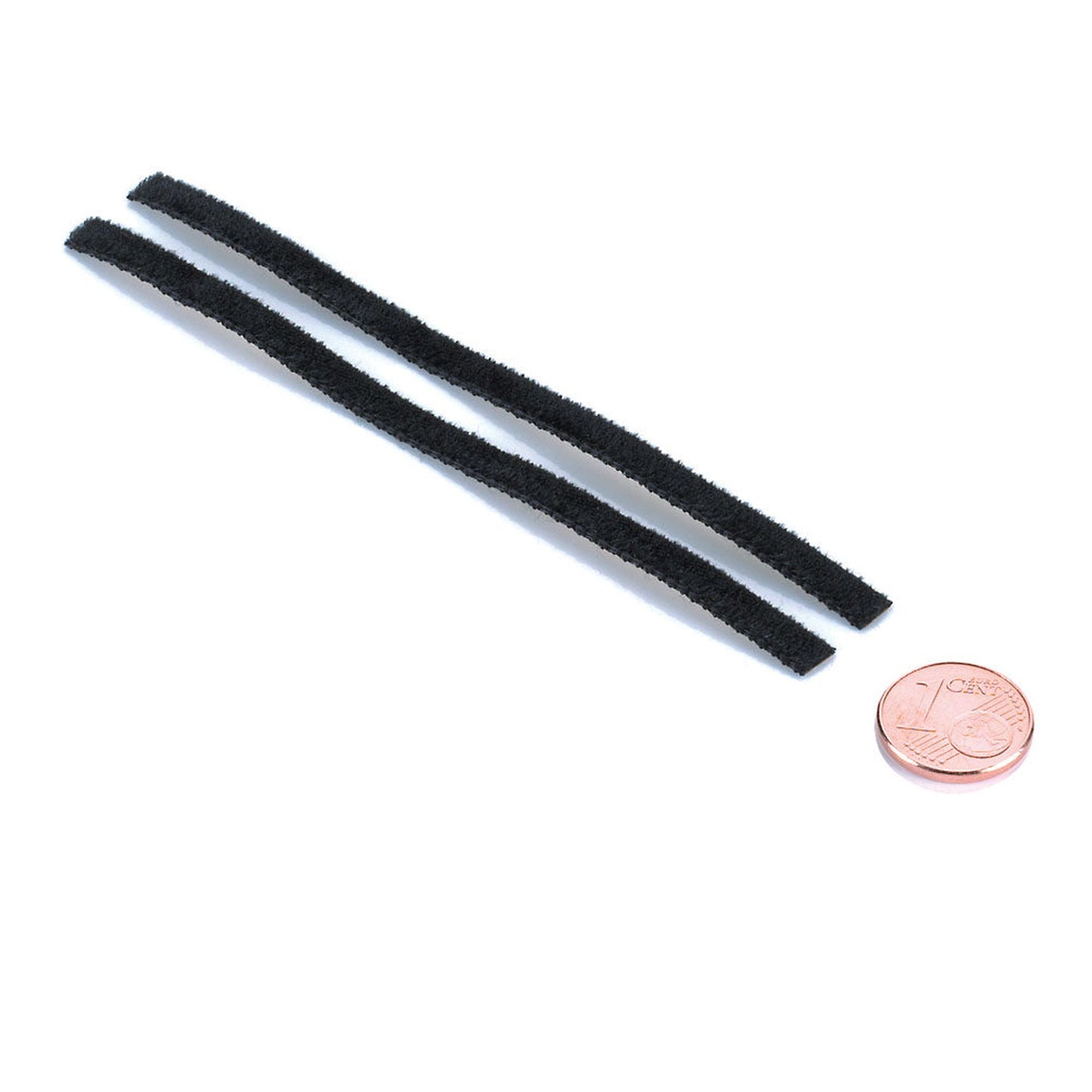Clearaudio Smart Matrix Silent Mikrofaserbezug-Set Lieferumfang, zwei Mikrofaserstreifen mit Münze als Grössenvergleich