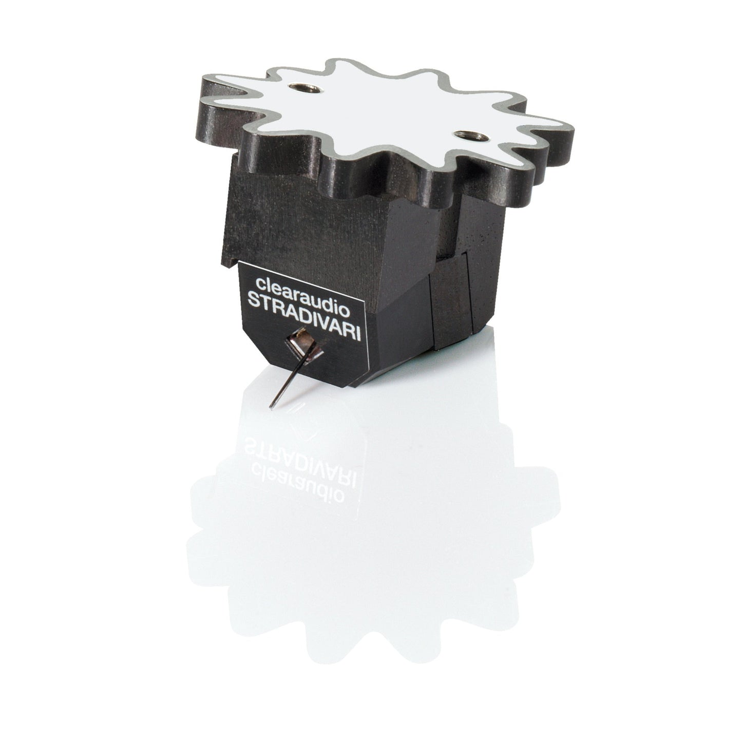 Clearaudio Stradivari V2 Moving-Coil-Tonabnehmer Schrägansicht, Ebenholzgehäuse mit Zahnrad-Deckplatte