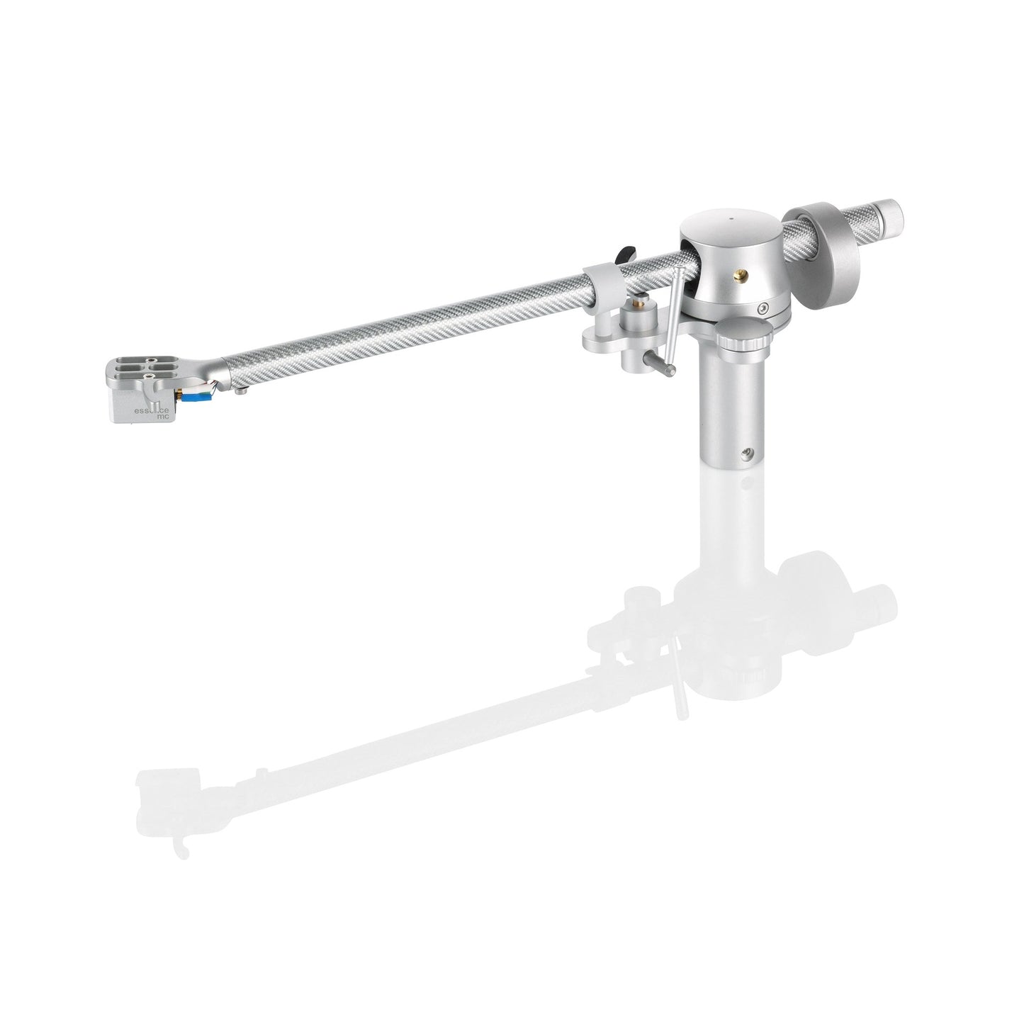 Clearaudio Tracer 9-Zoll-Tonarm Seitenansicht in Silber mit Carbon-Armrohr und montiertem Tonabnehmer