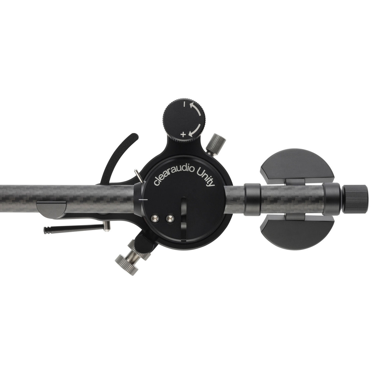 Clearaudio Unity 10-Zoll-Tonarm mit DIN-Anschluss Schwarz Draufsicht auf Lager, VTA-Einstellung, Gegengewichte
