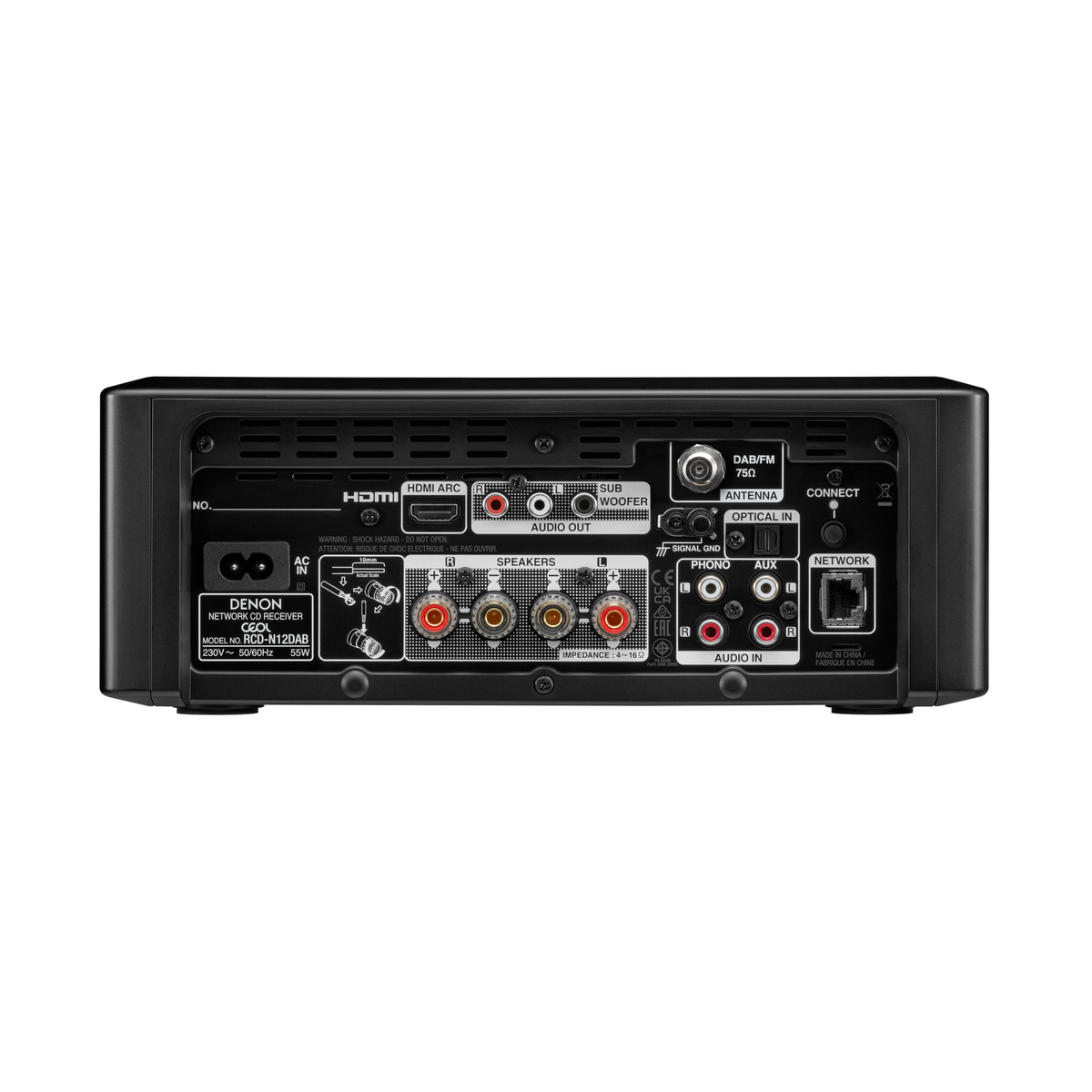 Denon CEOL N12DAB Kompaktanlage Rückansicht mit HDMI ARC, Cinch- und Lautsprecheranschlüssen