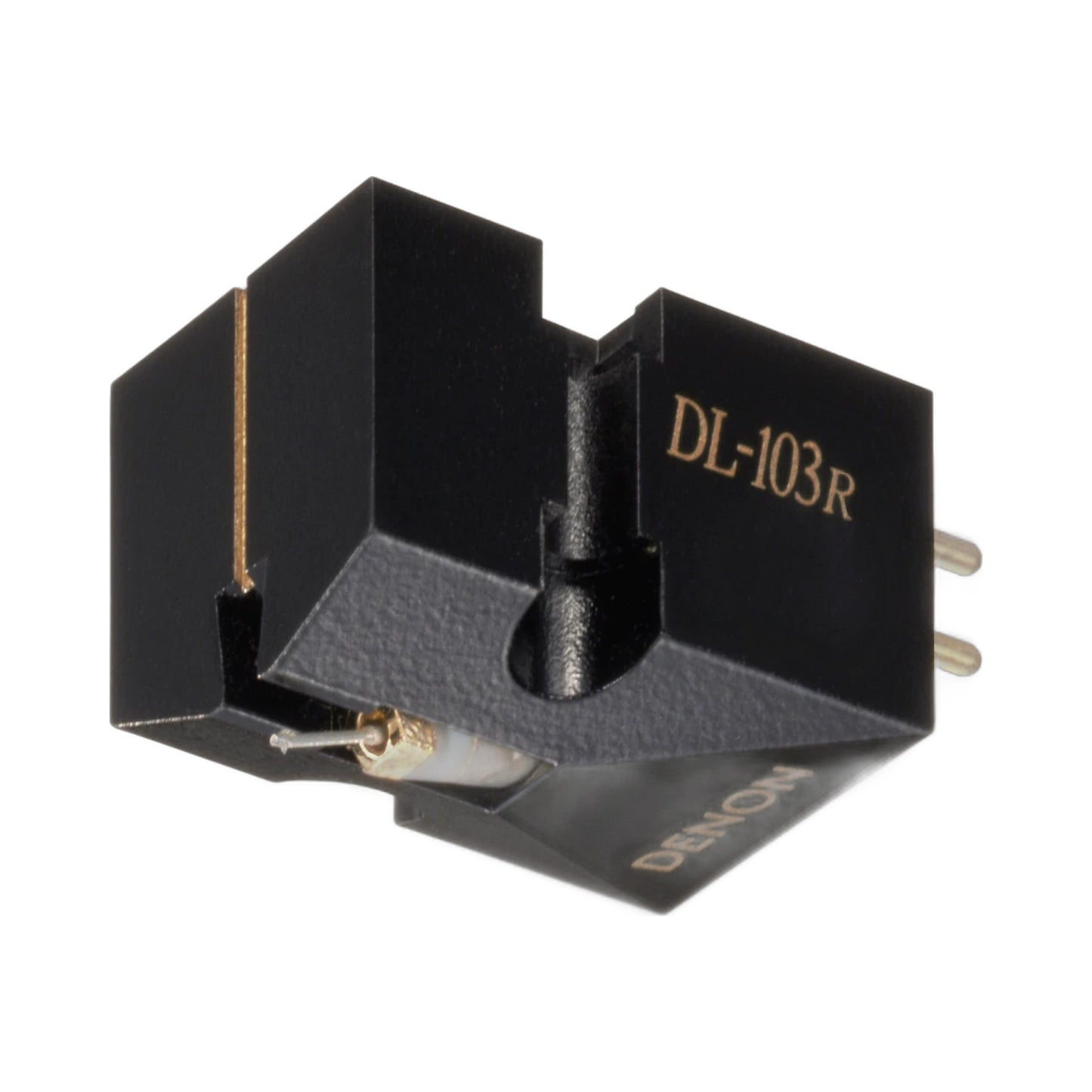 Denon DL-103R MC-Tonabnehmer Schrägansicht mit Modellbeschriftung und Anschlusspins