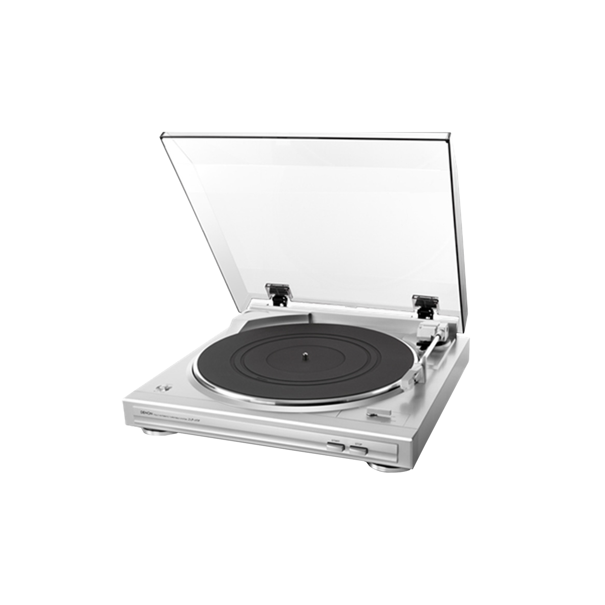 Denon DP-29F Plattenspieler Silber Schrägansicht, Frontalperspektive mit geöffneter Staubschutzhaube