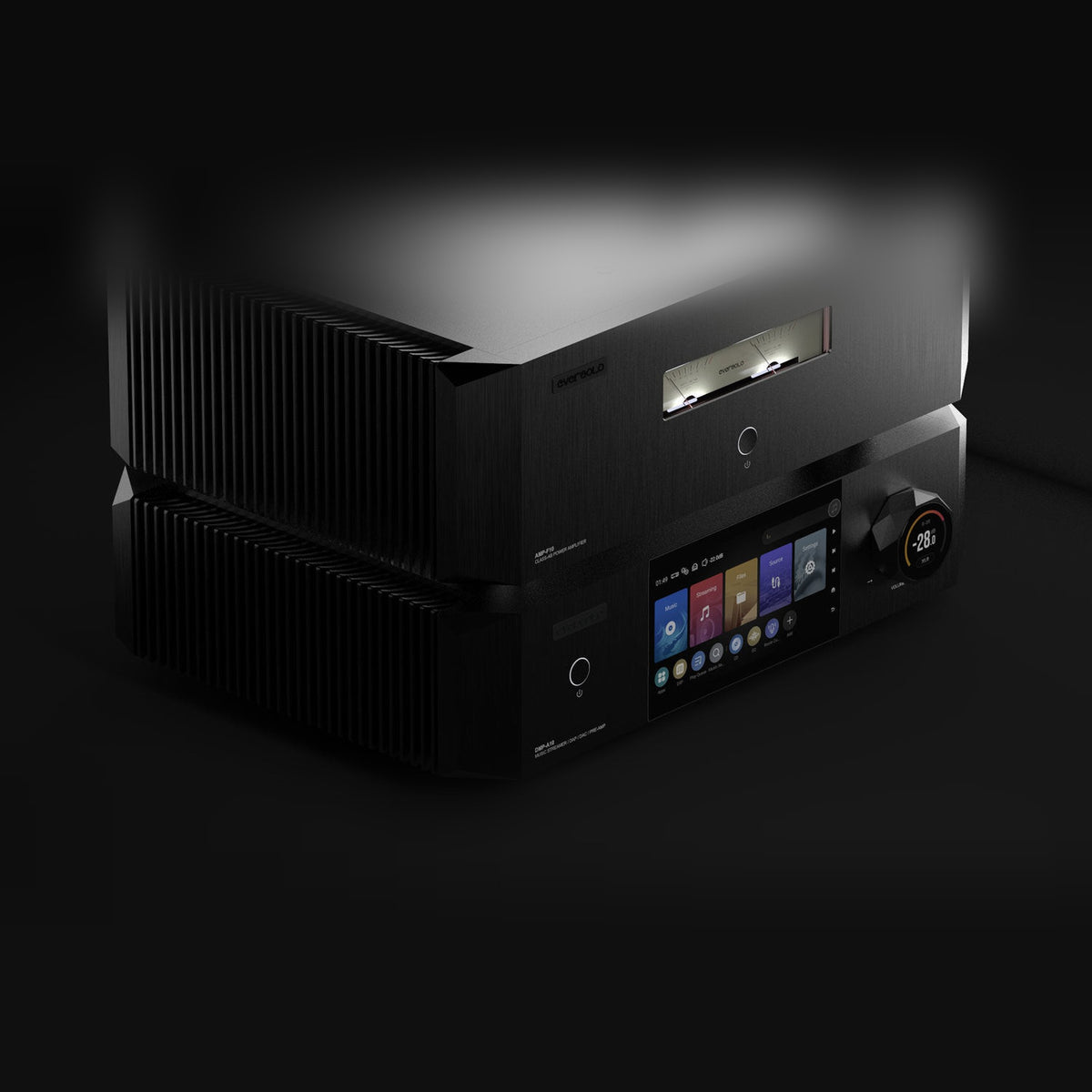 Eversolo AMP-F10 Stereo-Endverstärker Kombinationsansicht mit Eversolo Streamer gestapelt