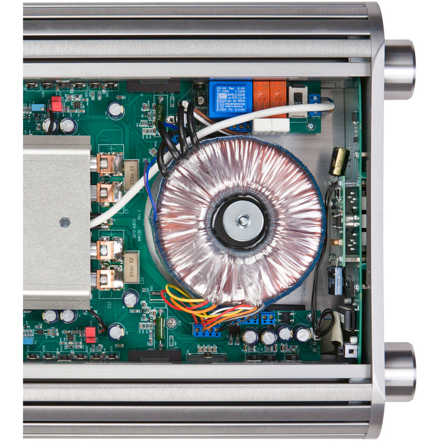 Gato Audio AMP-150 AE Vollverstärker Weiss Hochglanz Innenansicht mit Ringkerntransformator und Platine