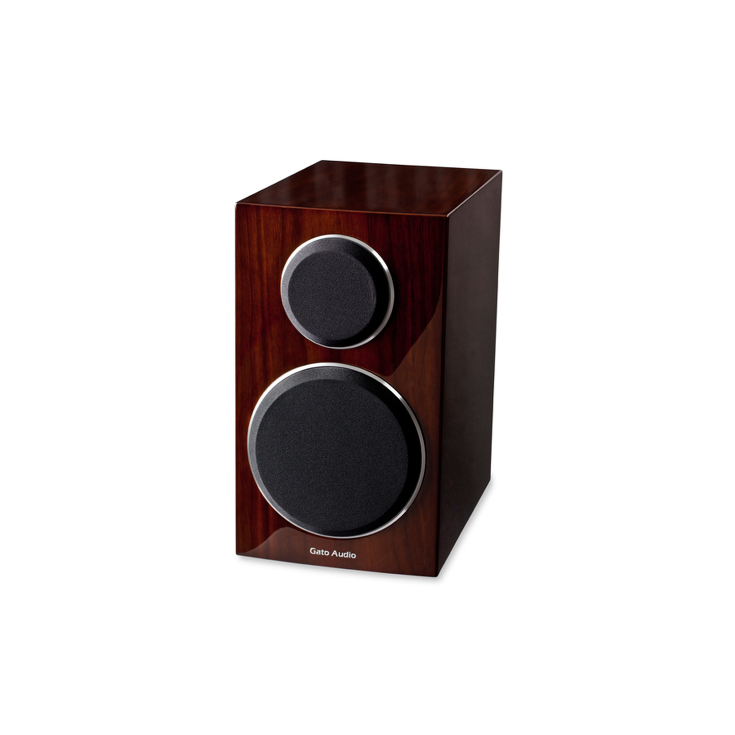 Gato Audio FM-15 Regallautsprecher Nussbaum Hochglanz Schrägansicht mit magnetischer Abdeckung