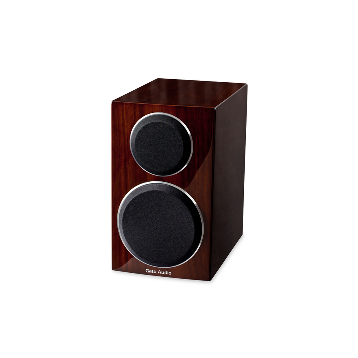 Gato Audio FM-8 Regallautsprecher Nussbaum Hochglanz mit magnetischer Stoffabdeckung Schrägansicht