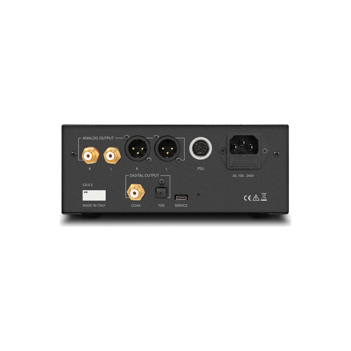 Gold Note CD-5.2 CD-Player Schwarz Rückansicht mit XLR- und Cinch-Ausgängen, Koax- und Toslink-Digitalausgang