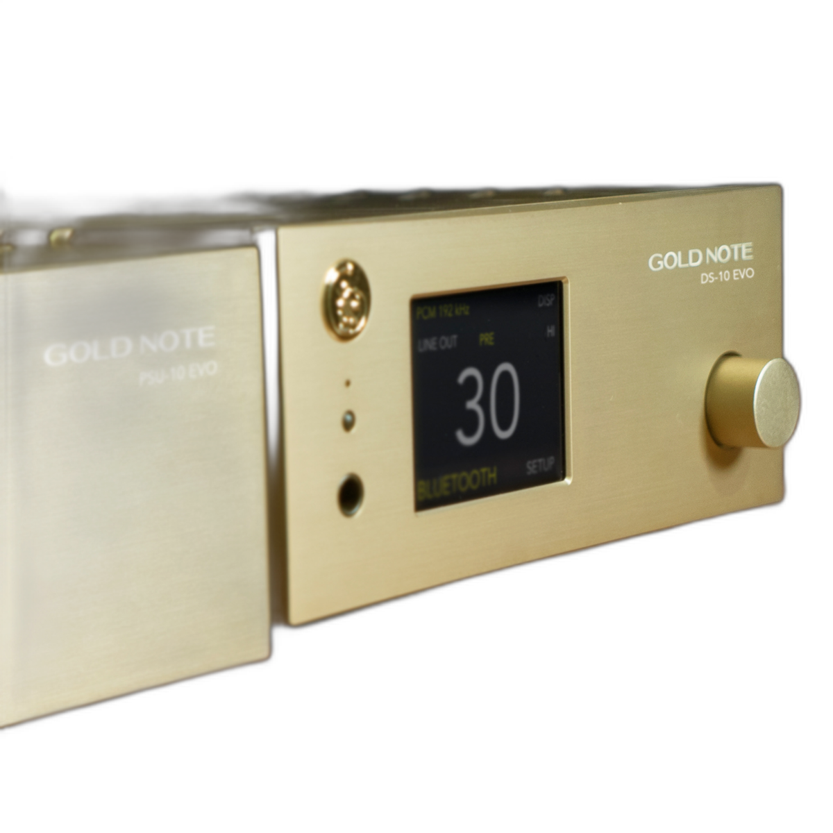 Gold Note DS-10 EVO Streaming-DAC Detailansicht in Gold mit optionalem Netzteil PSU-10 EVO