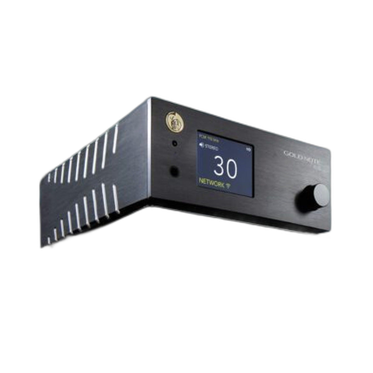 Gold Note IS-10 Streaming-Vollverstärker Schwarz Schrägansicht mit beleuchtetem Display