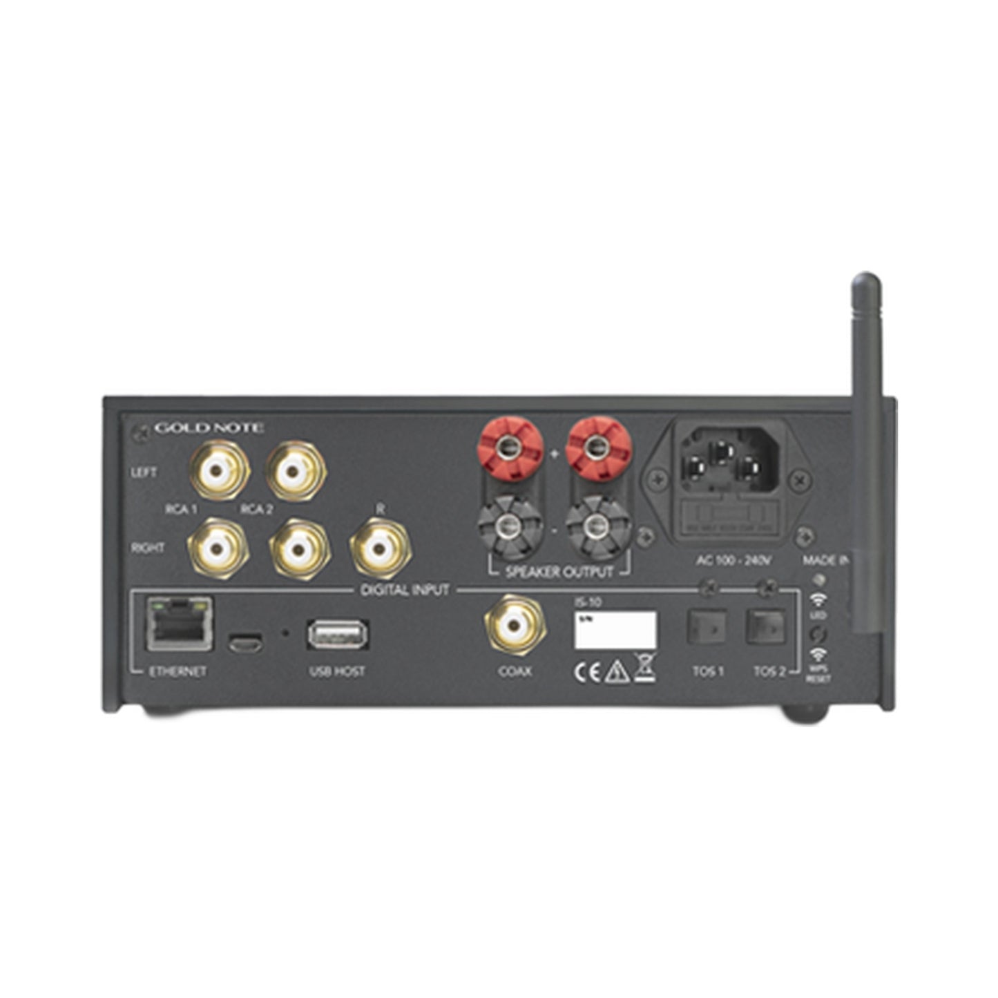 Gold Note IS-10 Streaming-Vollverstärker Silber Rückansicht mit Cinch-, USB-, LAN- und Lautsprecheranschlüssen