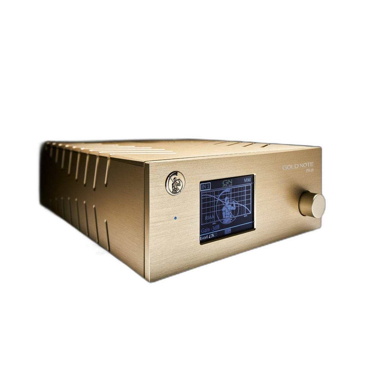 Gold Note PH-10 Phono-Vorverstärker Gold Schrägansicht mit beleuchtetem Farbdisplay und Kühlrippen