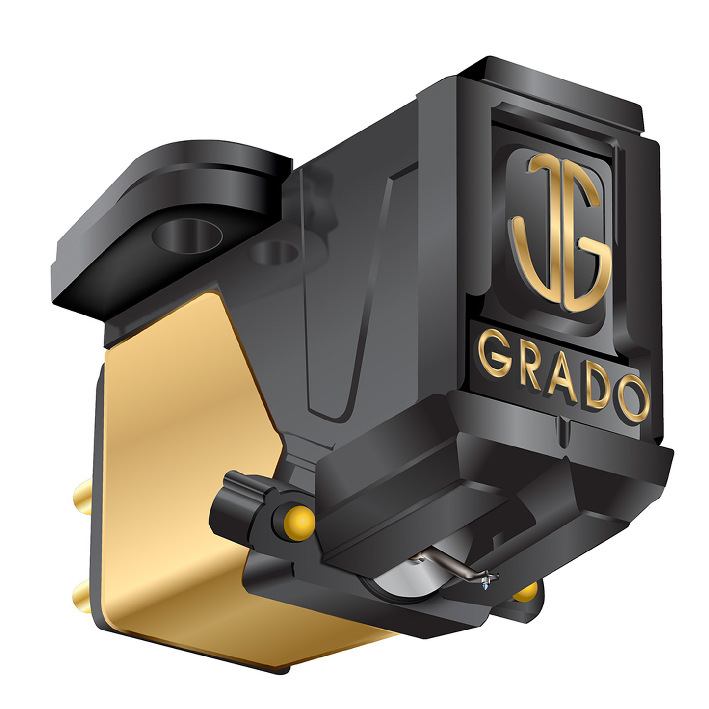 Grado Prestige Gold3 MI-Tonabnehmer Schrägansicht mit goldenem Gehäuse und gelbem Farbpunkt