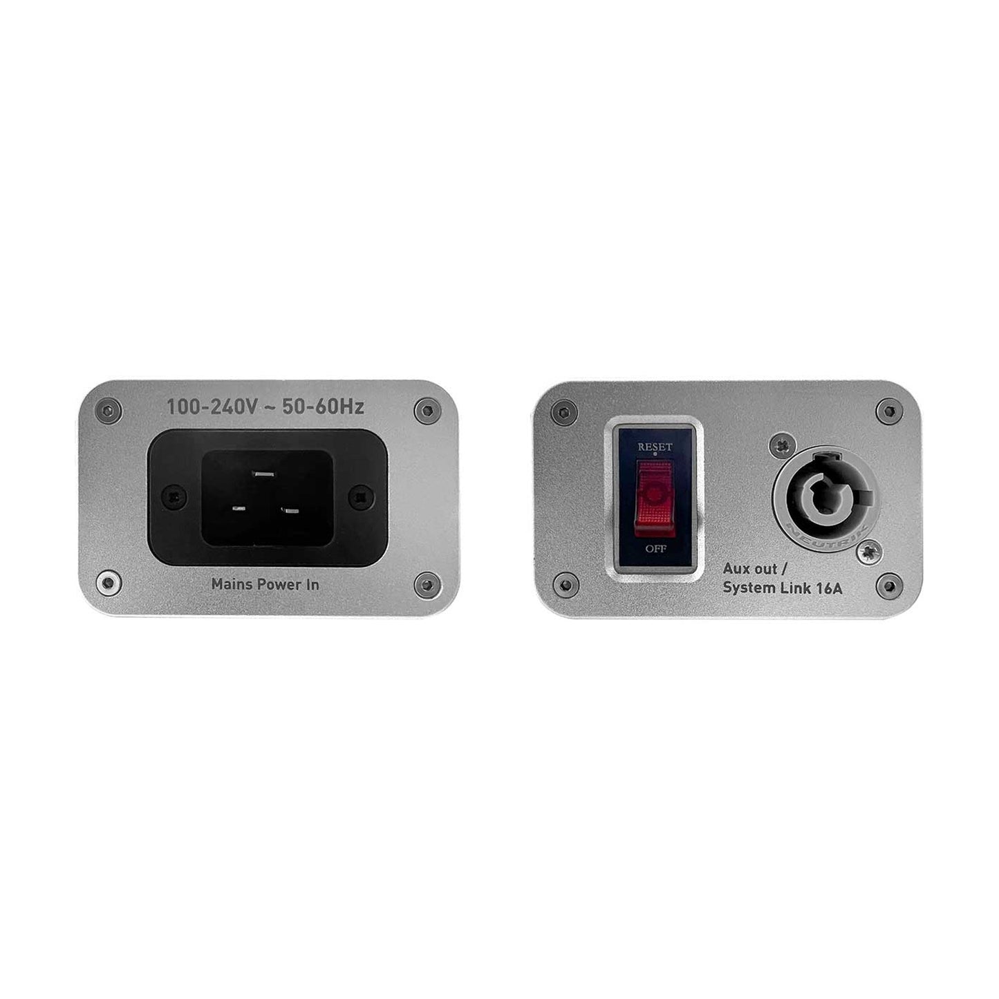 IsoTek V5 Sirius Netzleiste Anschlussfeld mit Netzeingang, Reset-Schalter und System-Link-Ausgang