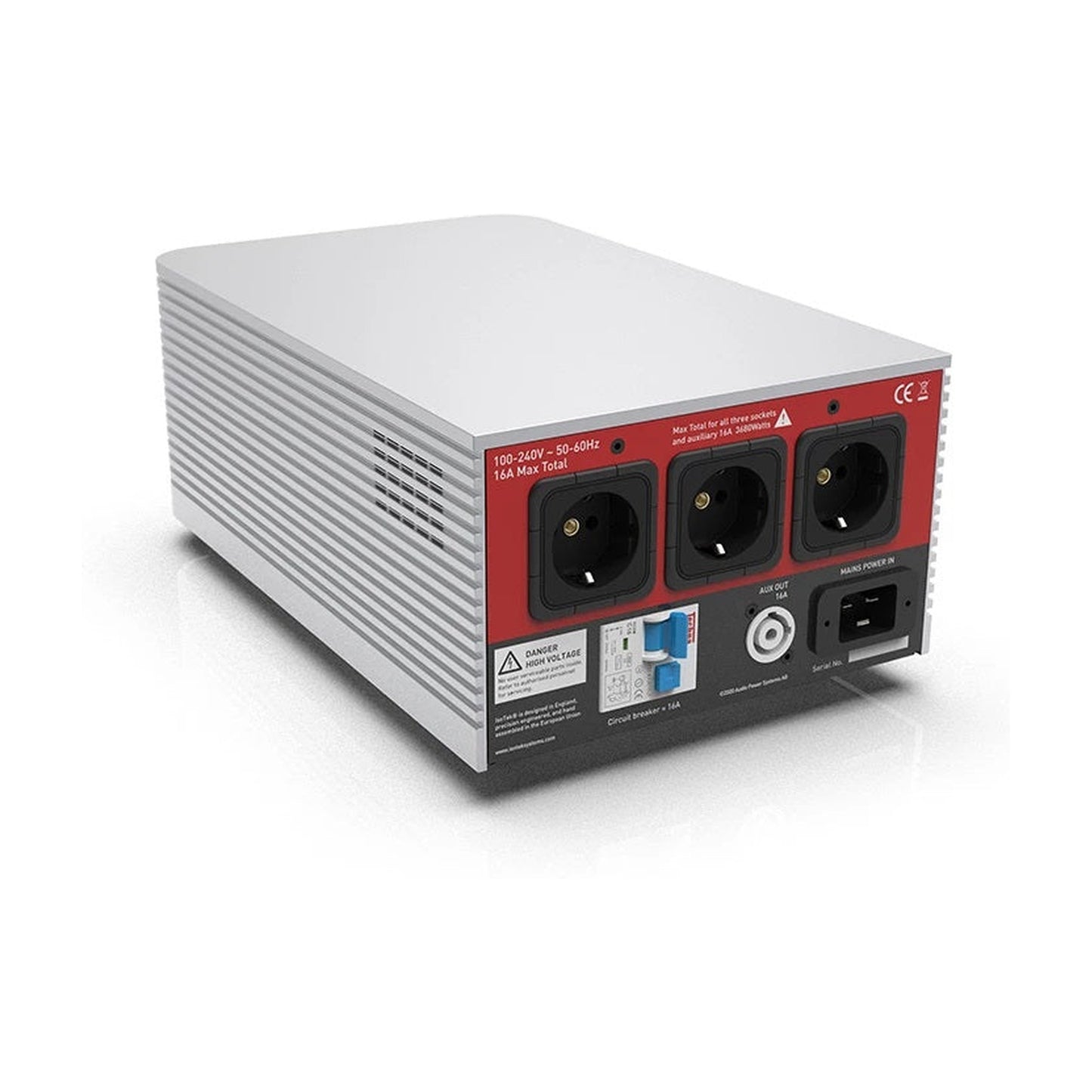IsoTek V5 Titan Hochstrom-Netzfilter Rückansicht mit drei Schuko-Ausgängen