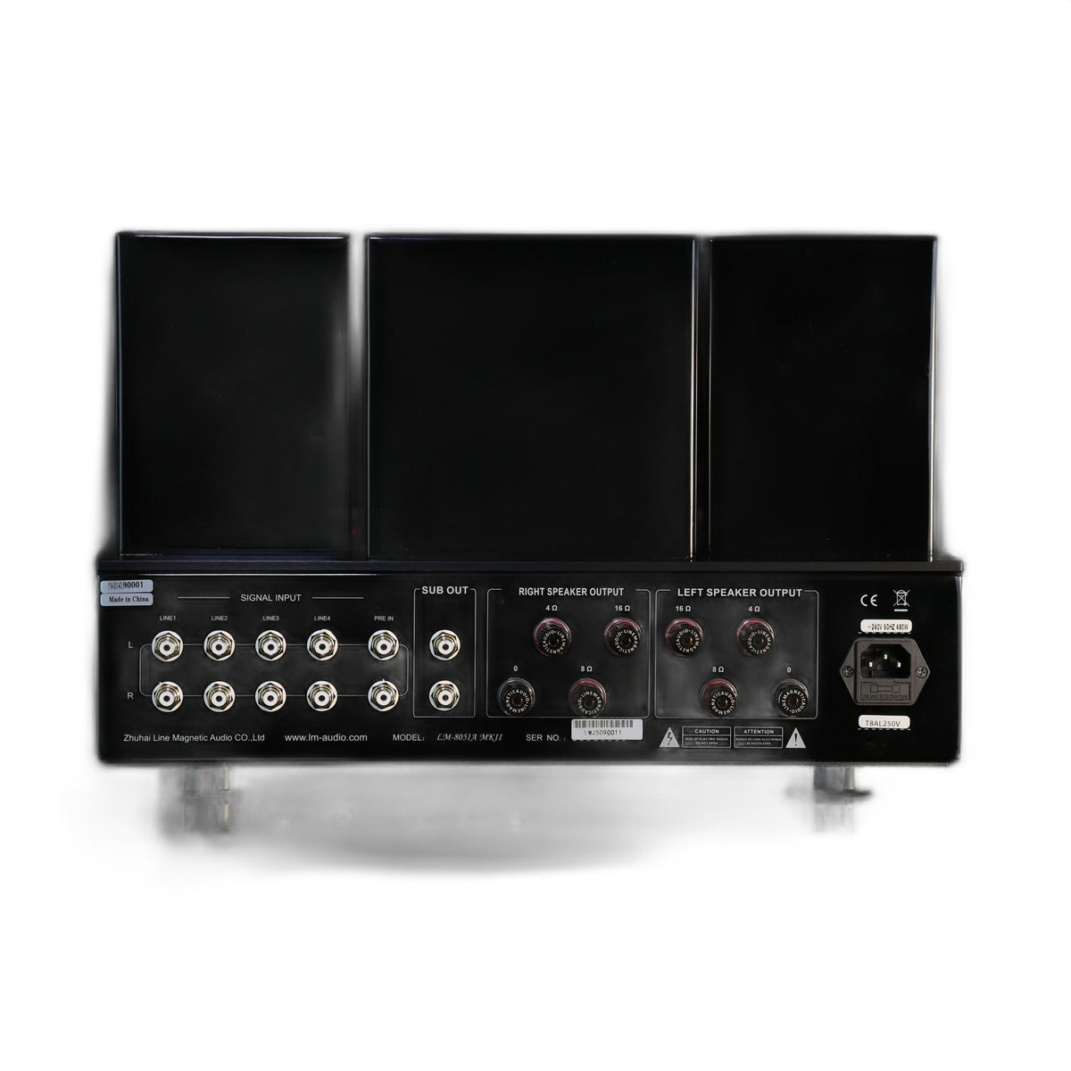 Line Magnetic LM-805IA MKII Vollverstärker, Rückansicht mit Lautsprecherausgängen auf weissem Hintergrund